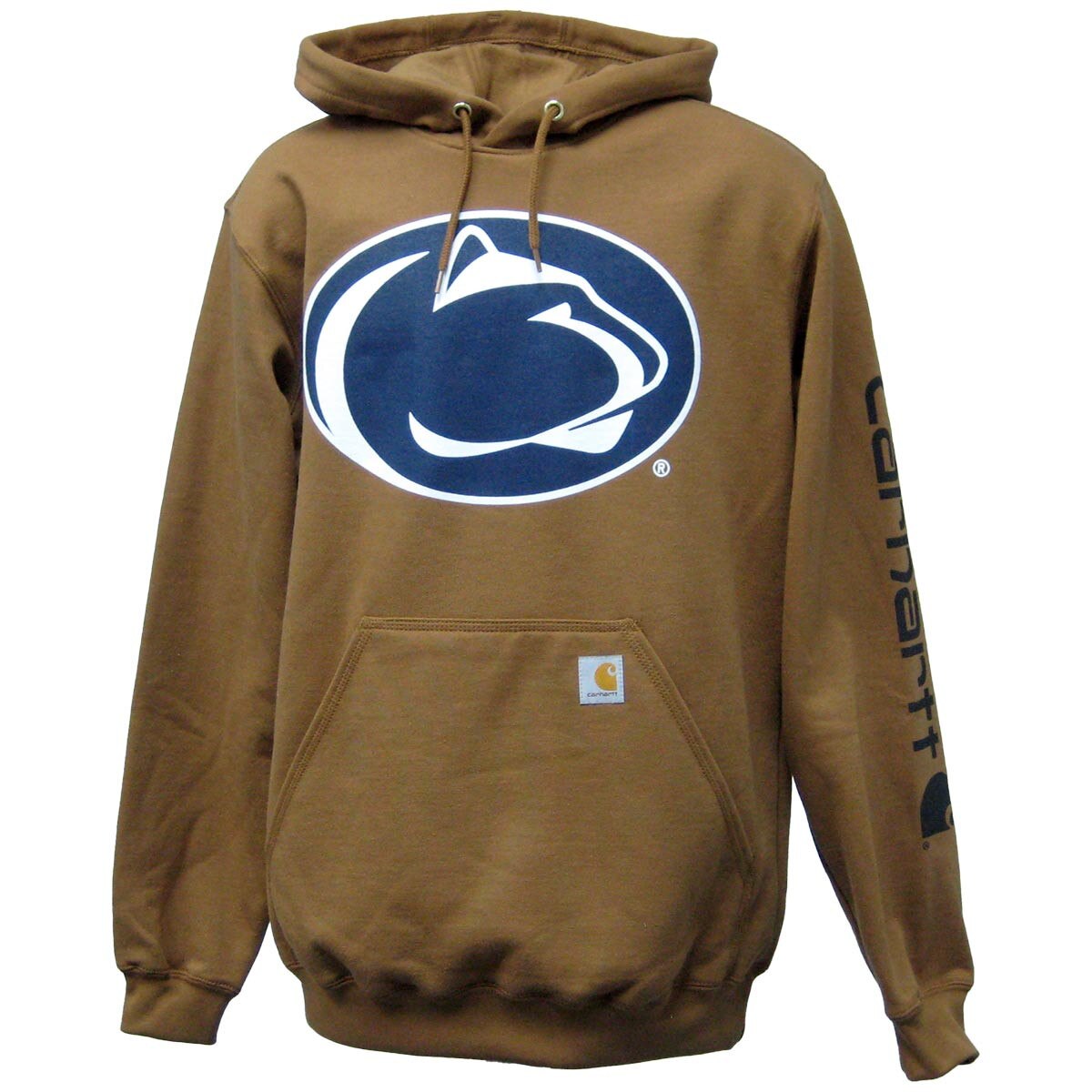 brown hooded Carhartt sweatshirt with Penn State Athletic Logo